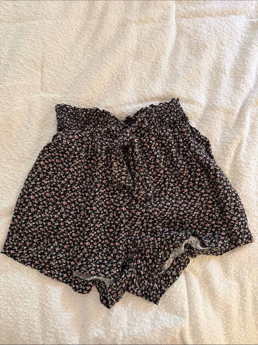 Hollister Black Floral Paperbag Waist Shorts with Pink Flowers